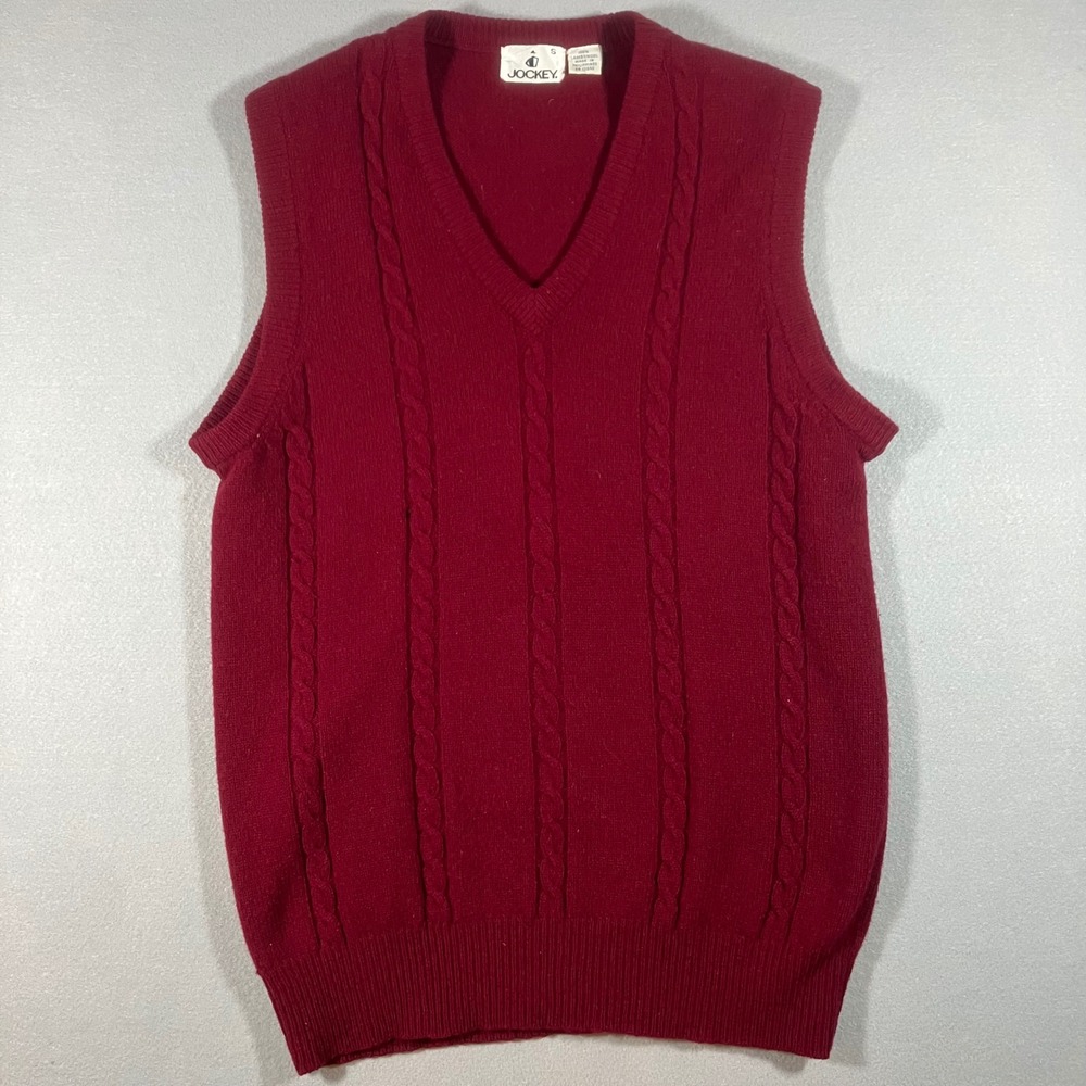 Vtg Jockey Mens S Burgundy Red 100% Lambswool Cable Knit V-Neck Vest Academia